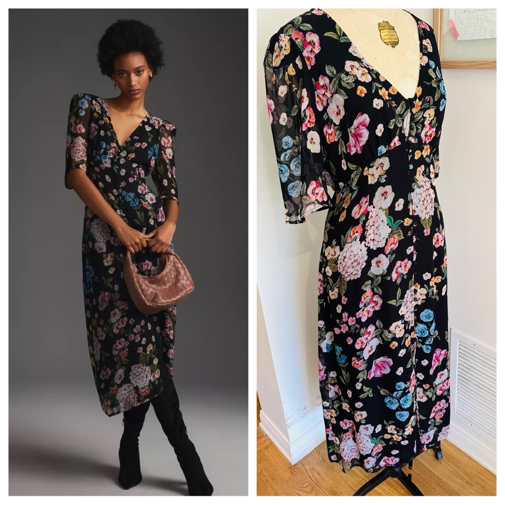 NWOT Maeve Anthropologie Puff Sleeve Midi Dress, Sz 14